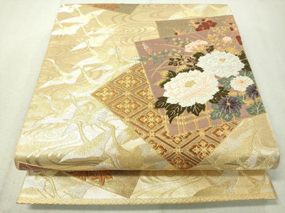 平和屋着物▼六通柄袋帯 唐織 流水飛鶴色紙花文 金銀糸 正絹 逸品 CAAW5892vp