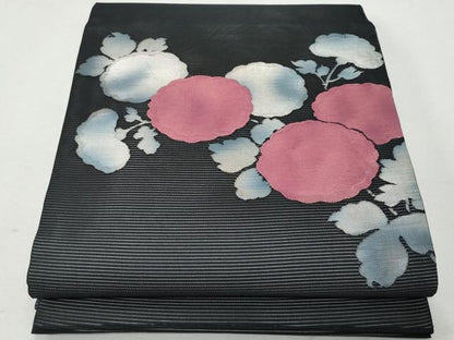 平和屋着物＊夏物 九寸開き名古屋帯 枝花文 黒地 銀糸 正絹 逸品 CAAW6893fb
