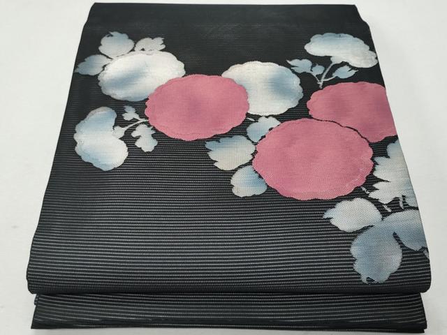 平和屋着物＊夏物 九寸開き名古屋帯 枝花文 黒地 銀糸 正絹 逸品 CAAW6893fb