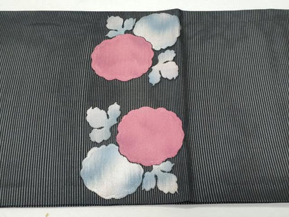 平和屋着物＊夏物 九寸開き名古屋帯 枝花文 黒地 銀糸 正絹 逸品 CAAW6893fb
