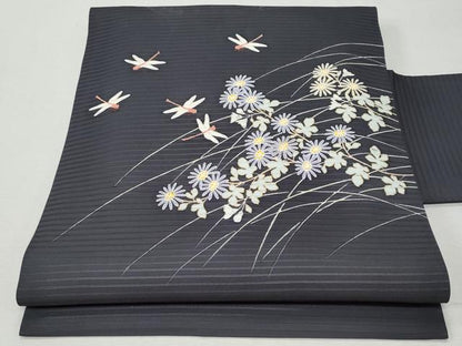 平和屋着物＊夏物　塩瀬　九寸名古屋帯　駒刺繍　蜻蛉　枝花文　金銀彩　正絹　逸品　CAAW6894fb