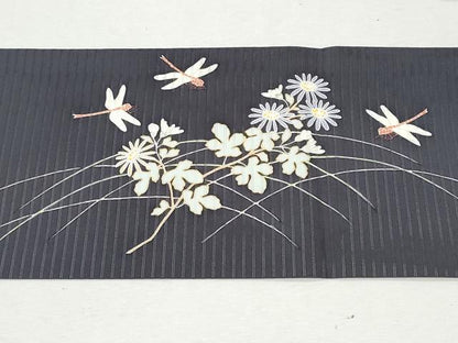 平和屋着物＊夏物　塩瀬　九寸名古屋帯　駒刺繍　蜻蛉　枝花文　金銀彩　正絹　逸品　CAAW6894fb