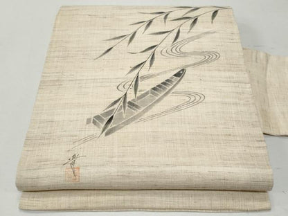 平和屋着物＊夏物 九寸名古屋帯 作家物 手描き 流水舟枝葉文 麻 逸品 CAAW6895fb