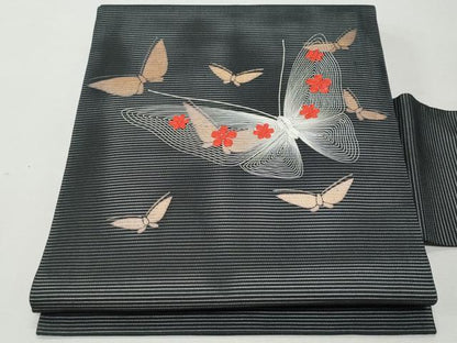 平和屋着物＊夏物 九寸名古屋帯 刺繍 舞蝶文 黒地 三越扱い 正絹 逸品 CAAW6915fb
