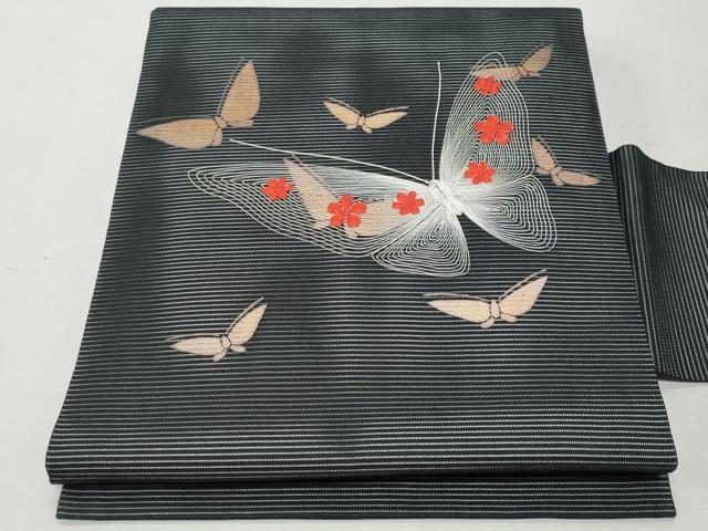 平和屋着物＊夏物 九寸名古屋帯 刺繍 舞蝶文 黒地 三越扱い 正絹 逸品 CAAW6915fb