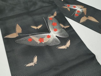 平和屋着物＊夏物 九寸名古屋帯 刺繍 舞蝶文 黒地 三越扱い 正絹 逸品 CAAW6915fb