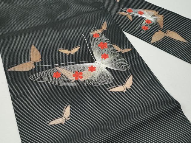平和屋着物＊夏物 九寸名古屋帯 刺繍 舞蝶文 黒地 三越扱い 正絹 逸品 CAAW6915fb