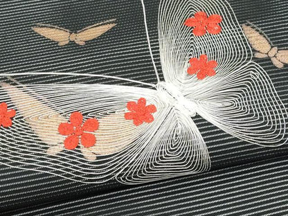 平和屋着物＊夏物 九寸名古屋帯 刺繍 舞蝶文 黒地 三越扱い 正絹 逸品 CAAW6915fb
