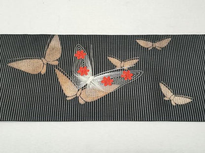 平和屋着物＊夏物 九寸名古屋帯 刺繍 舞蝶文 黒地 三越扱い 正絹 逸品 CAAW6915fb