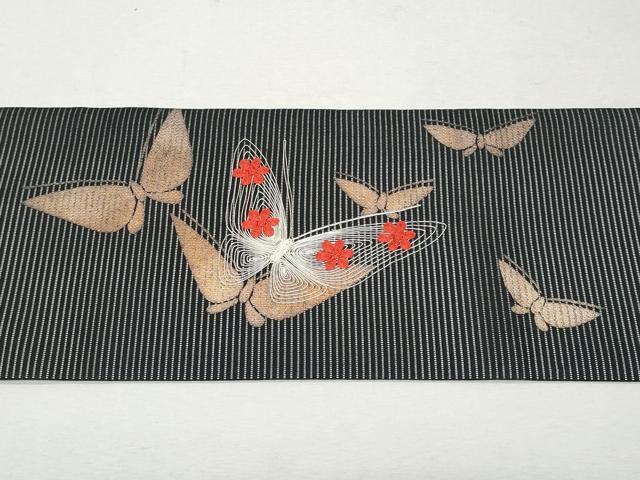 平和屋着物＊夏物 九寸名古屋帯 刺繍 舞蝶文 黒地 三越扱い 正絹 逸品 CAAW6915fb