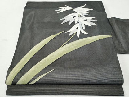 平和屋着物＊夏物 九寸名古屋帯 枝花文 黒地 銀糸 正絹 逸品 CAAW6916fb