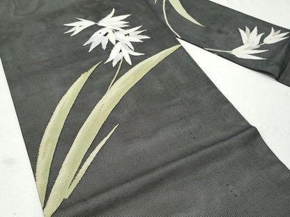 平和屋着物＊夏物 九寸名古屋帯 枝花文 黒地 銀糸 正絹 逸品 CAAW6916fb