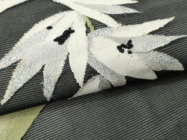 平和屋着物＊夏物 九寸名古屋帯 枝花文 黒地 銀糸 正絹 逸品 CAAW6916fb