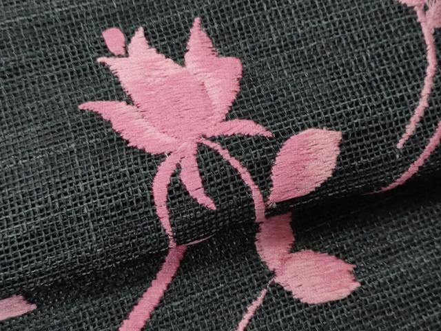 平和屋着物＊夏物 八寸名古屋帯 総刺繍 枝花文 黒地 CAAW6921fb