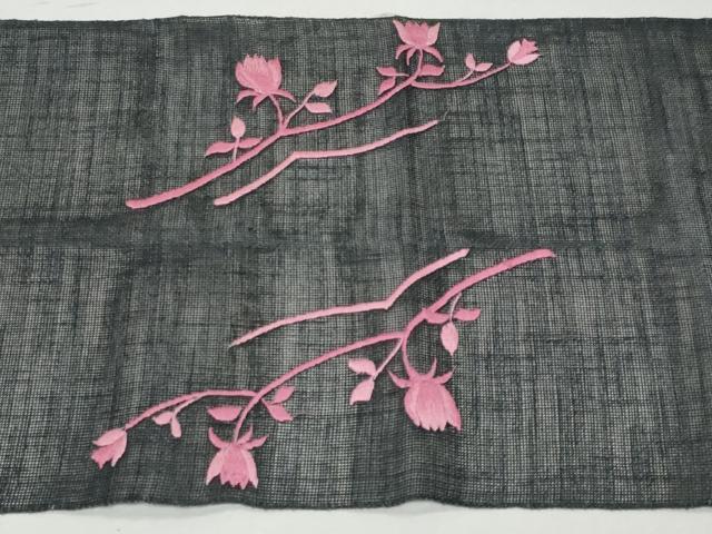 平和屋着物＊夏物 八寸名古屋帯 総刺繍 枝花文 黒地 CAAW6921fb