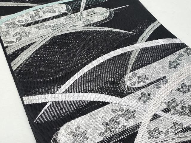 平和屋着物＊夏物 六通柄袋帯 エ霞芝草花文 黒地 銀糸 正絹 逸品 CAAW7021fb