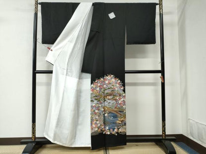 平和屋着物●豪華黒留袖　友禅　作家物　渡り橋風景草花文　　正絹　逸品　未使用　CAAW7208yc