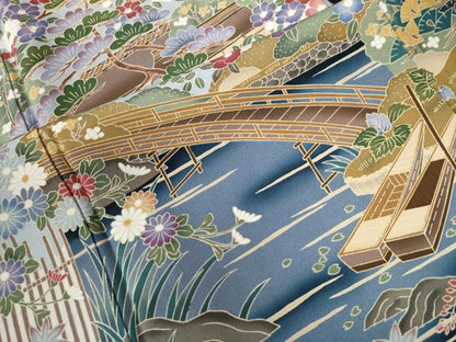 平和屋着物●豪華黒留袖　友禅　作家物　渡り橋風景草花文　　正絹　逸品　未使用　CAAW7208yc