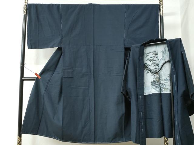 平和屋着物●男性 紬 アンサンブル 色無地 濃藍色 正絹 逸品 未使用 CAAW7217yc