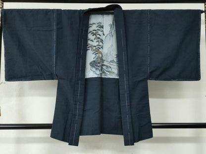 平和屋着物●男性 紬 アンサンブル 色無地 濃藍色 正絹 逸品 未使用 CAAW7217yc