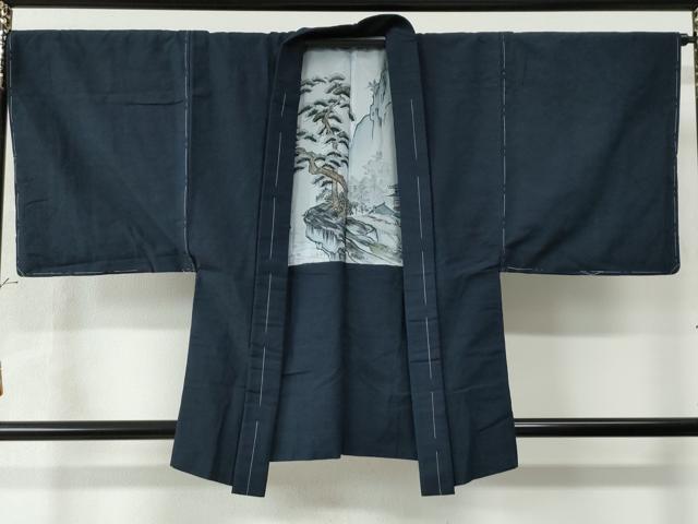 平和屋着物●男性 紬 アンサンブル 色無地 濃藍色 正絹 逸品 未使用 CAAW7217yc