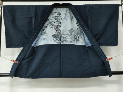 平和屋着物●男性 紬 アンサンブル 色無地 濃藍色 正絹 逸品 未使用 CAAW7217yc