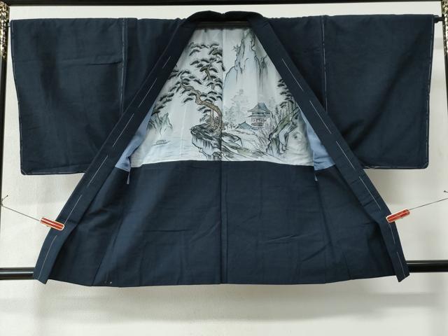平和屋着物●男性 紬 アンサンブル 色無地 濃藍色 正絹 逸品 未使用 CAAW7217yc