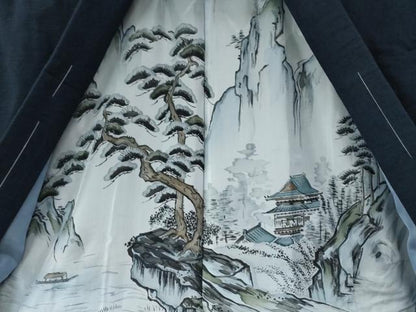平和屋着物●男性 紬 アンサンブル 色無地 濃藍色 正絹 逸品 未使用 CAAW7217yc