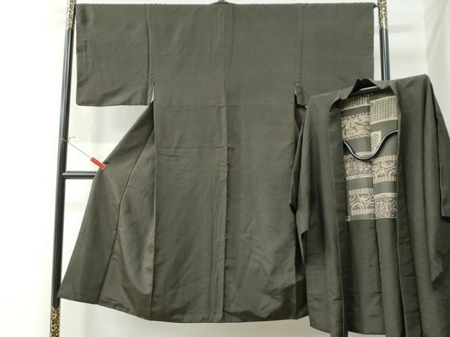 平和屋着物●男性 紬 アンサンブル 縞 黒地 正絹 逸品 CAAW7230yc
