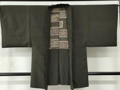平和屋着物●男性 紬 アンサンブル 縞 黒地 正絹 逸品 CAAW7230yc