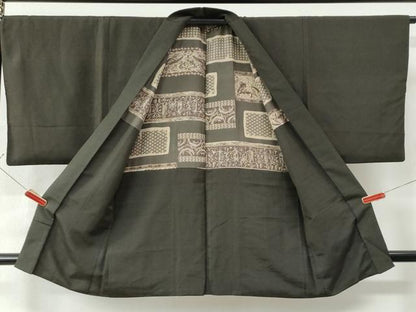 平和屋着物●男性 紬 アンサンブル 縞 黒地 正絹 逸品 CAAW7230yc