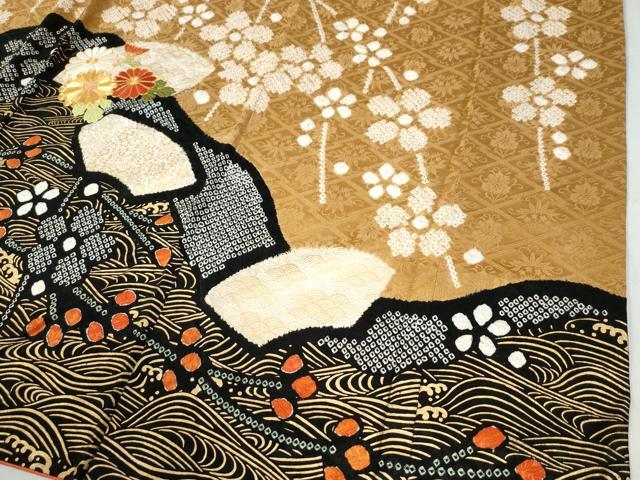 平和屋着物●豪華振袖　駒刺繍　絞り　立波地紙菊花文　金彩　正絹　逸品　CAAW7376yc