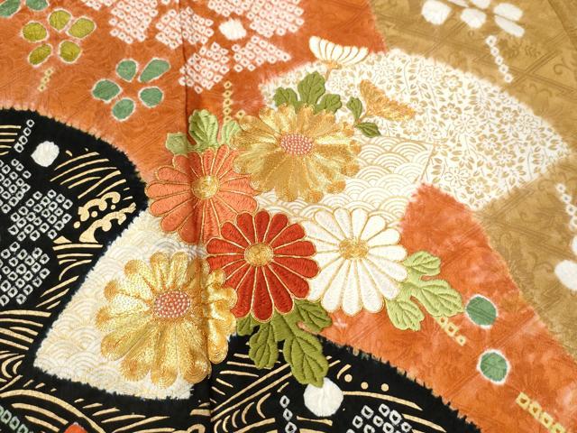 平和屋着物●豪華振袖　駒刺繍　絞り　立波地紙菊花文　金彩　正絹　逸品　CAAW7376yc