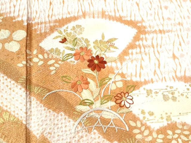 平和屋着物●訪問着　刺繍　杢目絞り　籬地紙草花文　金彩　正絹　逸品　CAAW7377yc