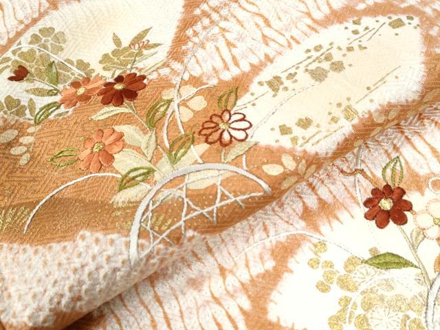 平和屋着物●訪問着　刺繍　杢目絞り　籬地紙草花文　金彩　正絹　逸品　CAAW7377yc