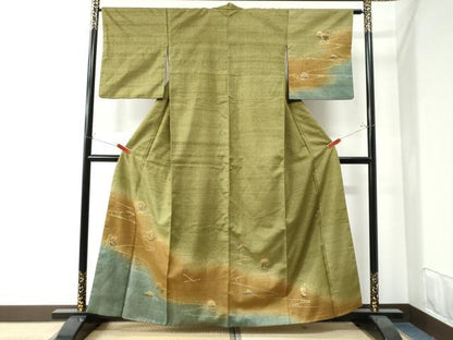 平和屋着物●訪問着 紬地 鏡裏几帳扇文 金彩 正絹 逸品 CAAW7438yc