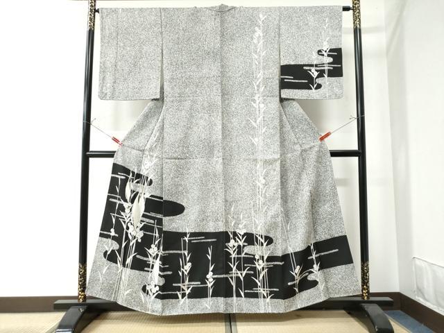 平和屋着物●訪問着 鷺草花文 たたき染め 黒地 金銀彩 正絹 逸品 CAAW7483yc