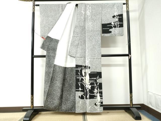 平和屋着物●訪問着 鷺草花文 たたき染め 黒地 金銀彩 正絹 逸品 CAAW7483yc