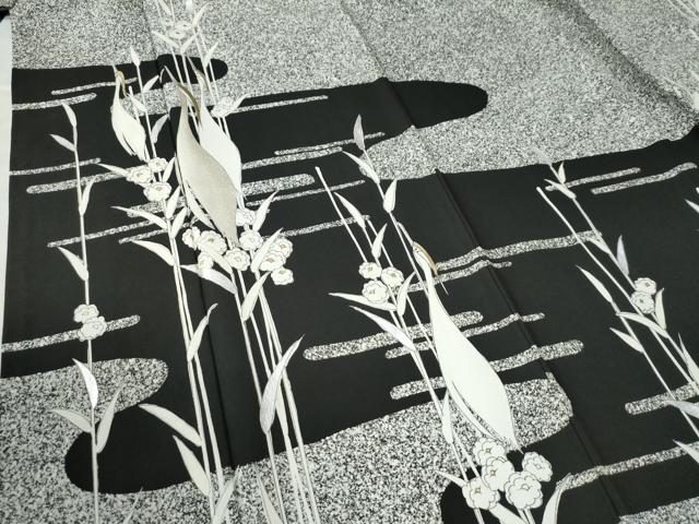 平和屋着物●訪問着 鷺草花文 たたき染め 黒地 金銀彩 正絹 逸品 CAAW7483yc