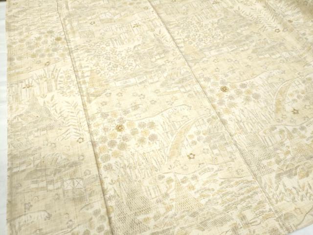 平和屋着物▽上質な紬　単衣　渡り橋風景草花文　正絹　逸品　CAAW7486yc