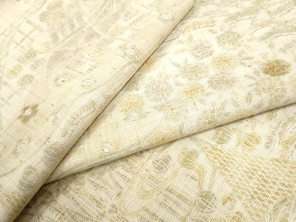 平和屋着物▽上質な紬　単衣　渡り橋風景草花文　正絹　逸品　CAAW7486yc
