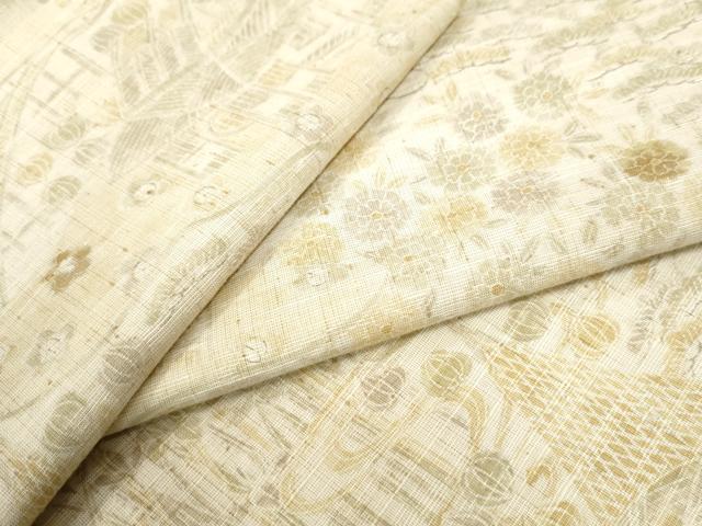 平和屋着物▽上質な紬　単衣　渡り橋風景草花文　正絹　逸品　CAAW7486yc