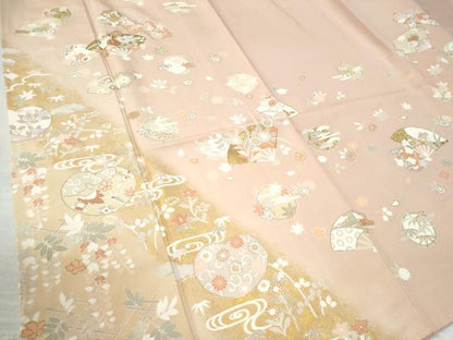 平和屋着物●訪問着　駒刺繍　扇面地紙流水花文　暈し染め　金彩　正絹　逸品　CAAW7517yc