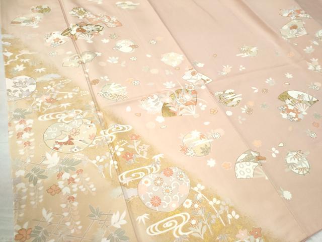平和屋着物●訪問着　駒刺繍　扇面地紙流水花文　暈し染め　金彩　正絹　逸品　CAAW7517yc