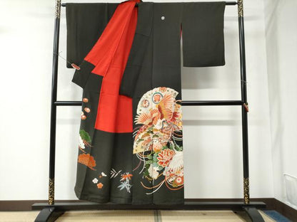平和屋着物●アンティーク　大正ロマン　黒留袖　駒刺繍　飛鶴檜扇牡丹吉祥花文　金彩　正絹　逸品　CAAW7591yc