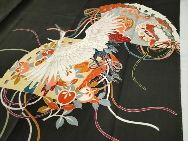 平和屋着物●アンティーク　大正ロマン　黒留袖　駒刺繍　飛鶴檜扇牡丹吉祥花文　金彩　正絹　逸品　CAAW7591yc