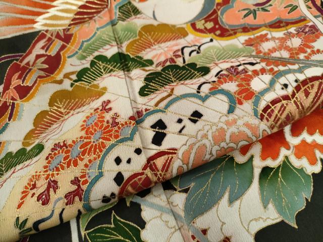 平和屋着物●アンティーク　大正ロマン　黒留袖　駒刺繍　飛鶴檜扇牡丹吉祥花文　金彩　正絹　逸品　CAAW7591yc