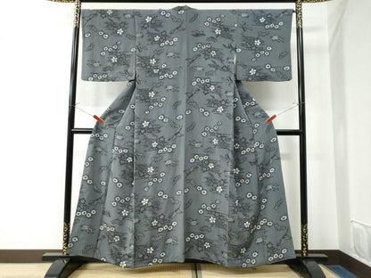 平和屋着物●上質な小紋 お召地 飛鶴笹梅文 蓑亀 鬼しぼ縮緬 正絹 逸品 CAAW7640yc