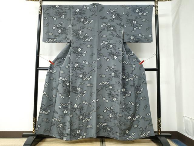 平和屋着物●上質な小紋 お召地 飛鶴笹梅文 蓑亀 鬼しぼ縮緬 正絹 逸品 CAAW7640yc