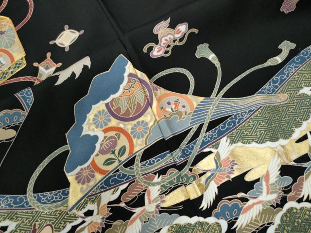 平和屋着物●豪華黒留袖 駒刺繍 文箱飛鶴扇御所車浜松花唐草文 金彩 正絹 逸品 CAAW7715yc